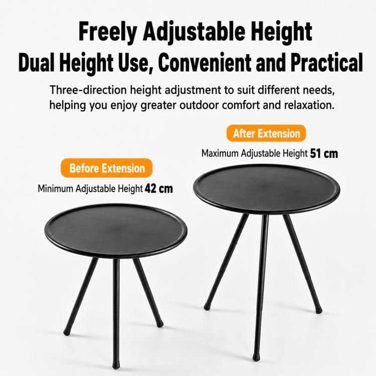 Adjustable-height camping table with round black top and three legs