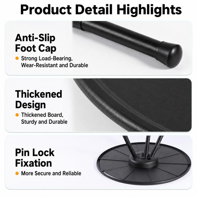 Camping table base detail with anti-slip foot cap and thickened board