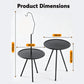 Camping side table size chart with two round black tabletops on legs