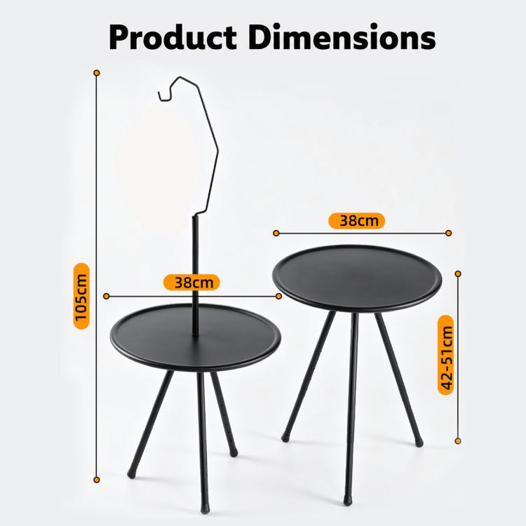 Camping side table size chart with two round black tabletops on legs