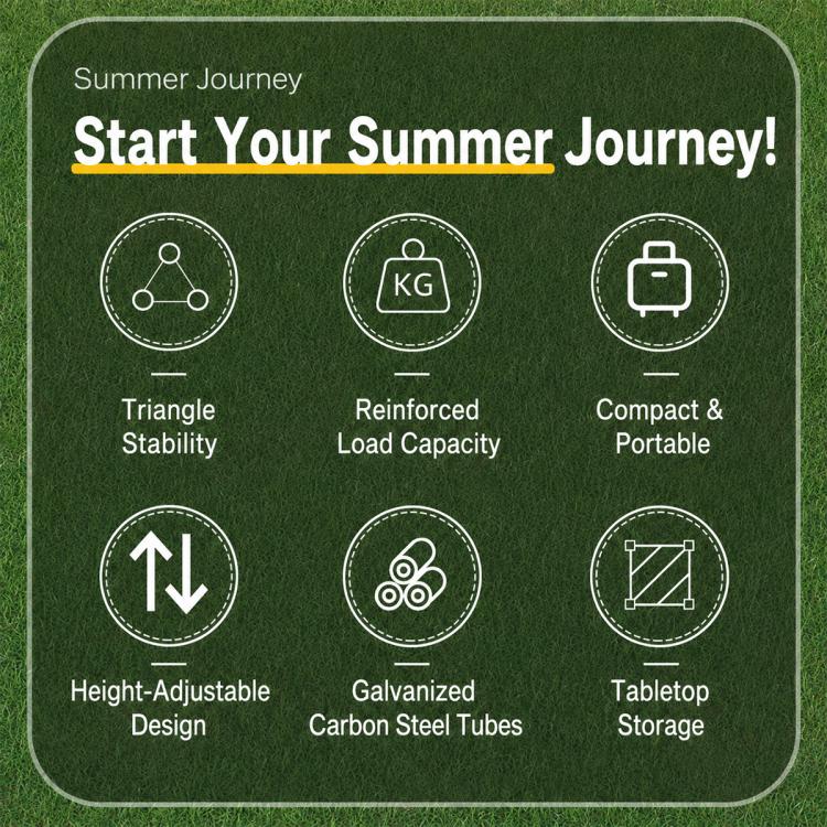 Camping table feature infographic with height-adjustable design and storage icons