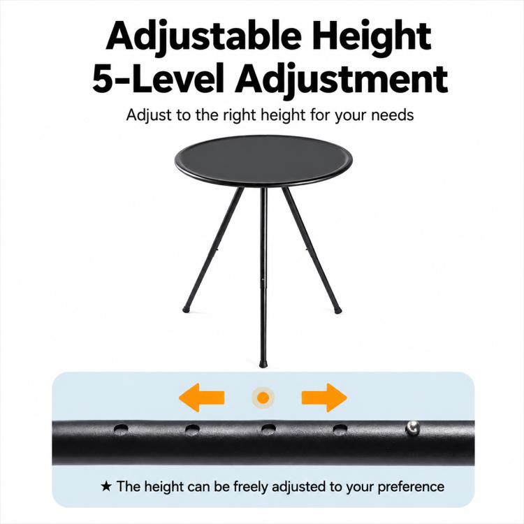 Round black camping table with 5-level height adjustment and three tapered legs
