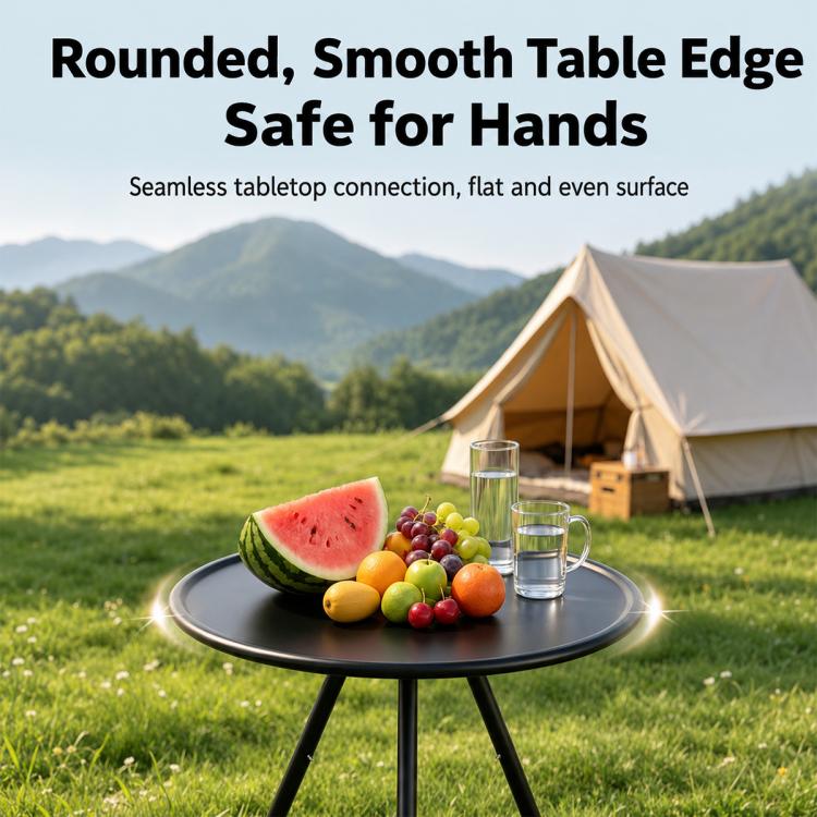Round black camping table with smooth edge and fruit and water glasses