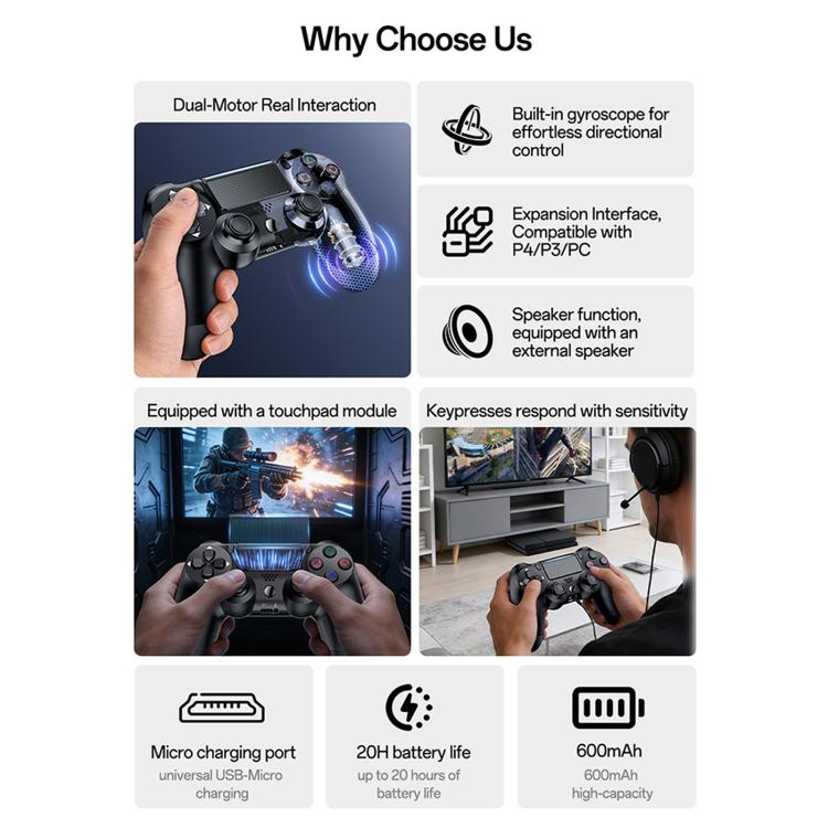 Black wireless game controller showing touchpad and textured dual grip handles.