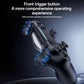 Black wireless game controller with front trigger buttons and textured hand grips.