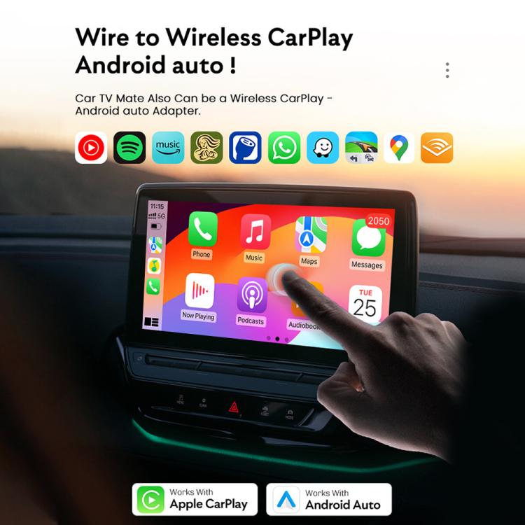 Car dashboard screen showing wireless CarPlay and Android Auto interface