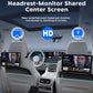Car interior with multiple screens for shared headrest monitor from center screen