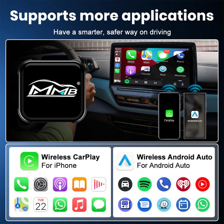 Black mini car adapter box with MMB logo for wireless phone connection