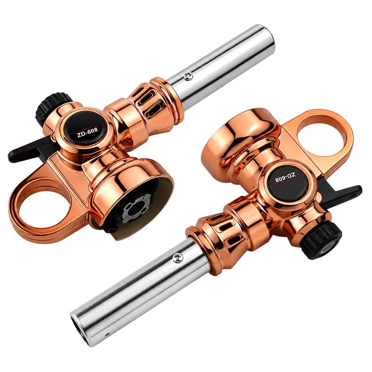 Copper gas flamethrower nozzle with silver tube and black side control knobs