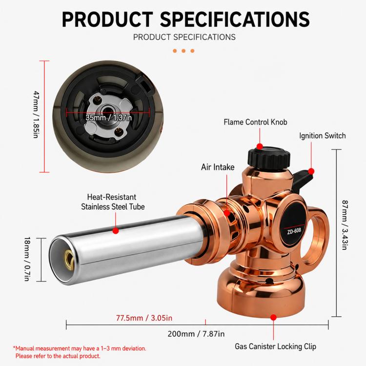 Copper gas flamethrower nozzle with heat-resistant stainless steel tube and black knobs