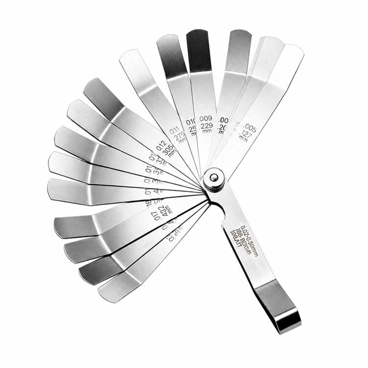 Stainless steel offset feeler gauge with 16 fan-shaped blades and pivot handle