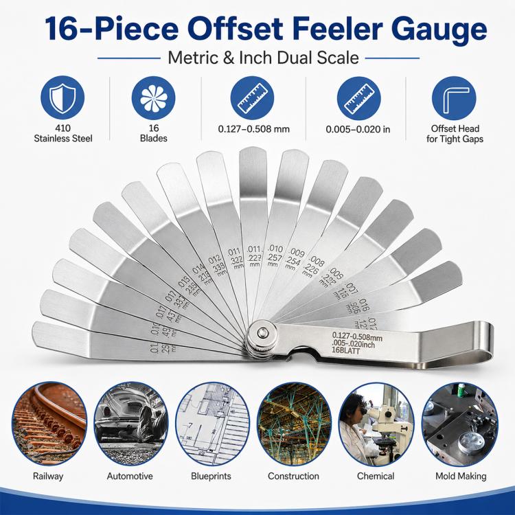 Offset feeler gauge set with 16 stainless steel blades and dual-scale measuring range