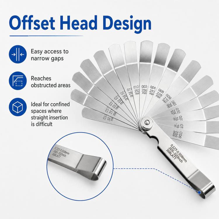 Offset feeler gauge with fan blades and long offset handle for measuring narrow gaps