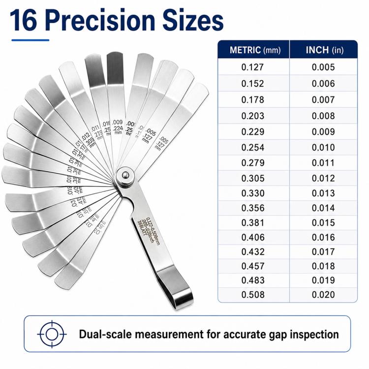 Stainless steel feeler gauge with 16 precision blades and metric and inch markings