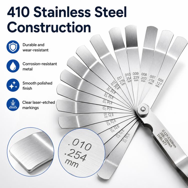Stainless steel offset feeler gauge with polished blades and etched size markings