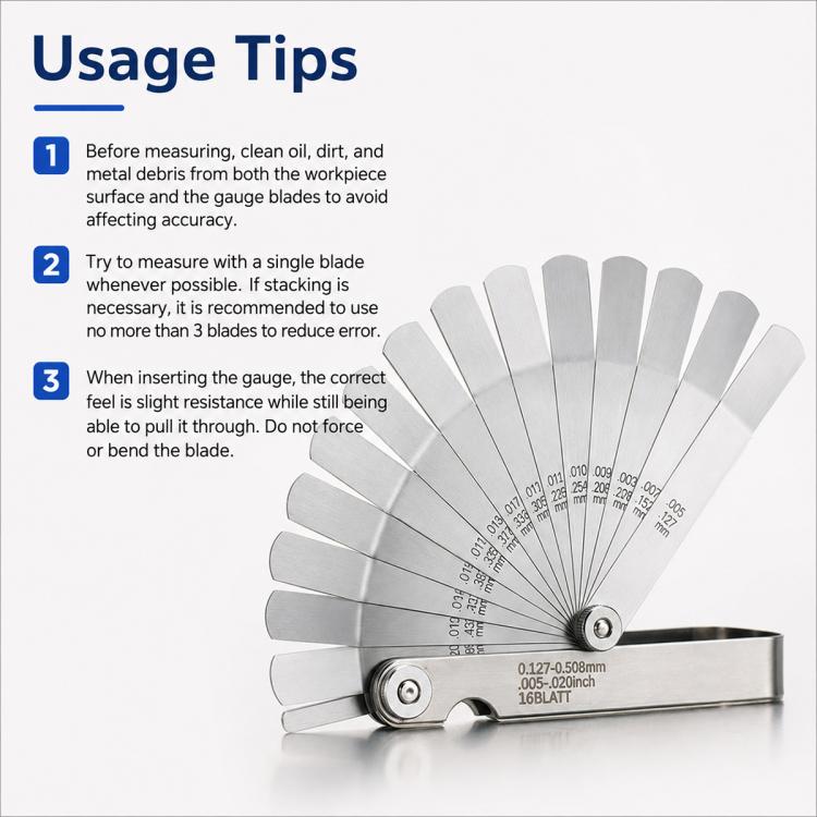 Offset feeler gauge with fan blades and measuring tips diagram on background