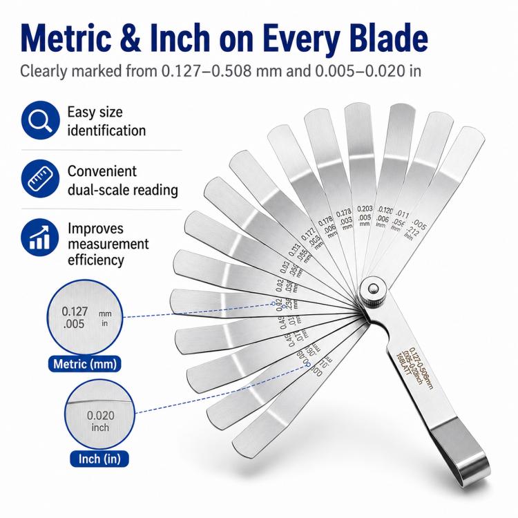 Feeler gauge with metric and inch markings on each blade for easy size identification