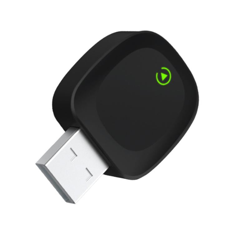 Black wireless car adapter with USB plug and green power icon, compact design