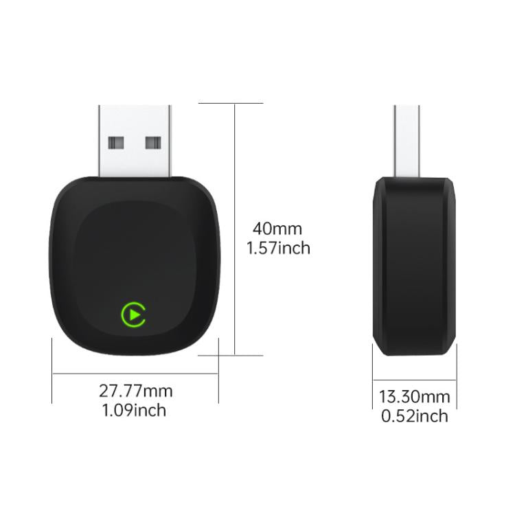 Black USB wireless car adapter with green power icon, front and side size view