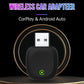 Black wireless car adapter with USB plug and green power icon, front view