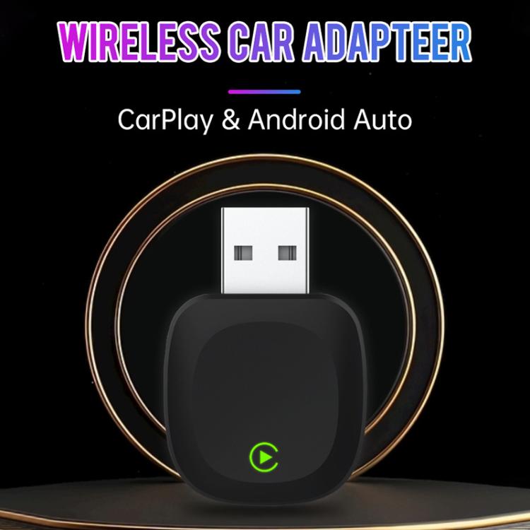 Black wireless car adapter with USB plug and green power icon, front view