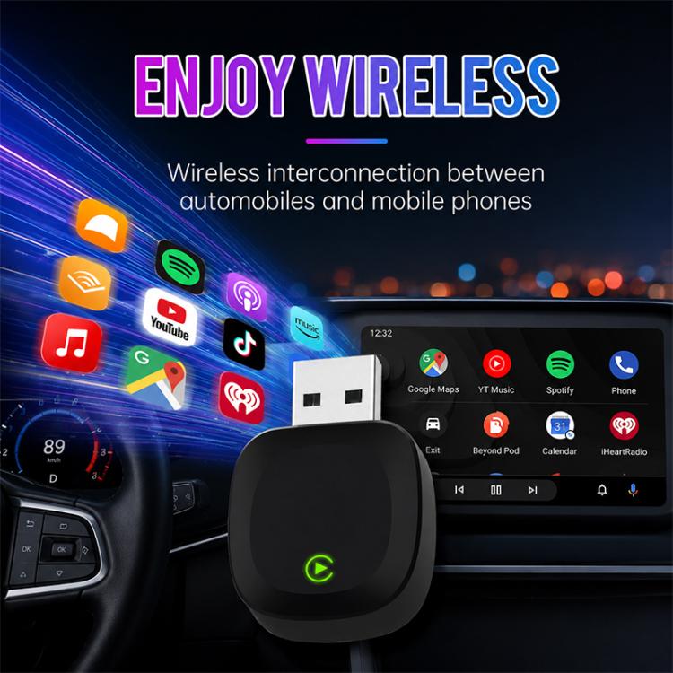 Black wireless car adapter on dashboard with green power icon