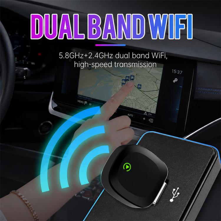 Black dual-band wireless car adapter with USB connector, green power icon