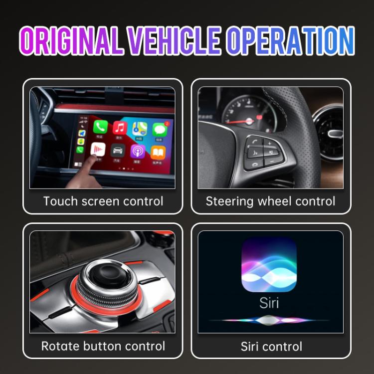 Car control interface panels showing touch screen, steering wheel, and Siri controls