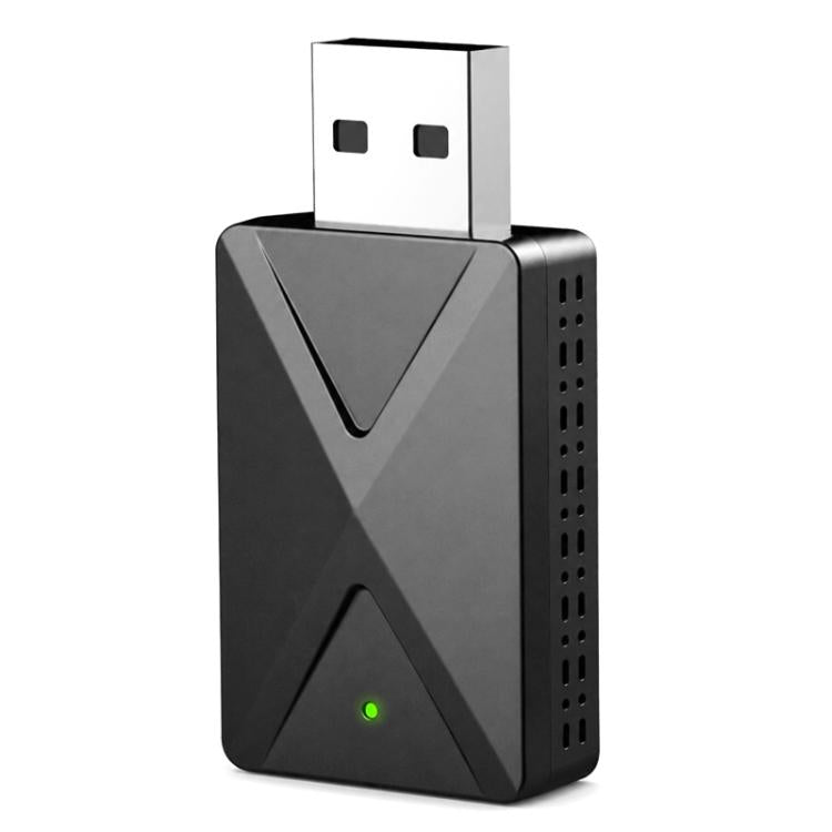 Black wireless car adapter box with USB plug, vented side panel and LED indicator
