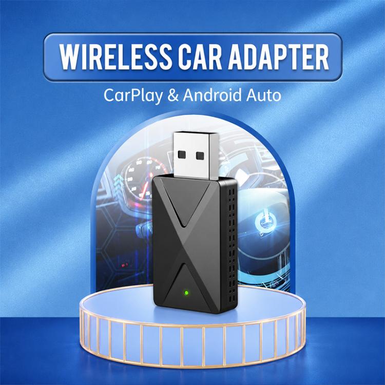 Wireless car adapter device with USB connector, front vent slots and small green LED