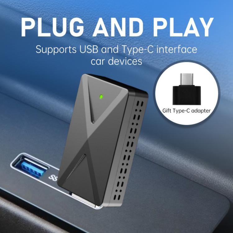 Plug and play car adapter with USB and Type-C adapter detail, green status LED