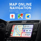 Car infotainment screen showing online navigation apps and route display