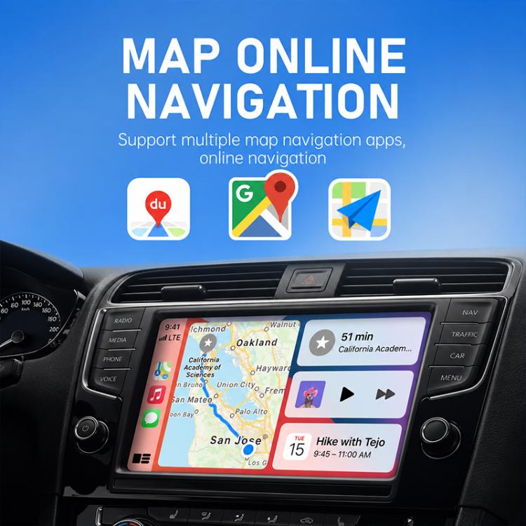 Car infotainment screen showing online navigation apps and route display