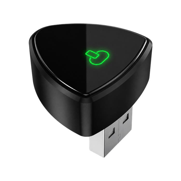 Black wireless car adapter dongle with USB plug and green status LED icon