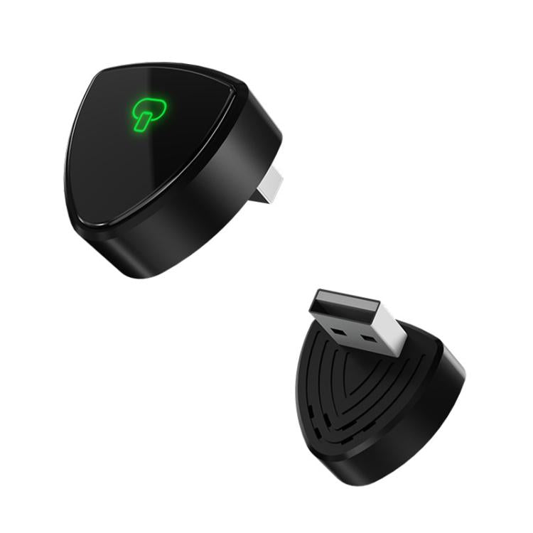 Black wireless car adapter with USB connector and green illuminated status icon
