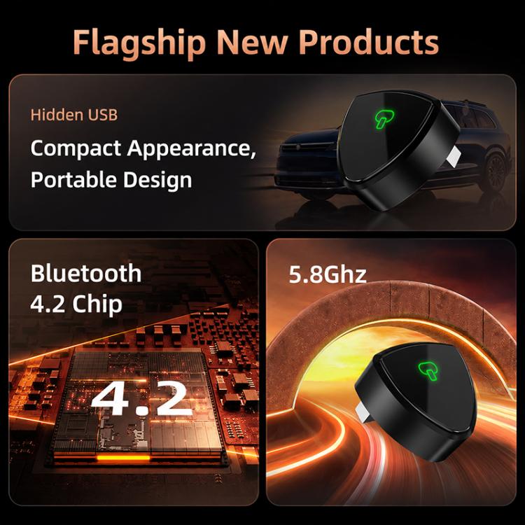 Compact black wireless car adapter dongle with green status LED on top