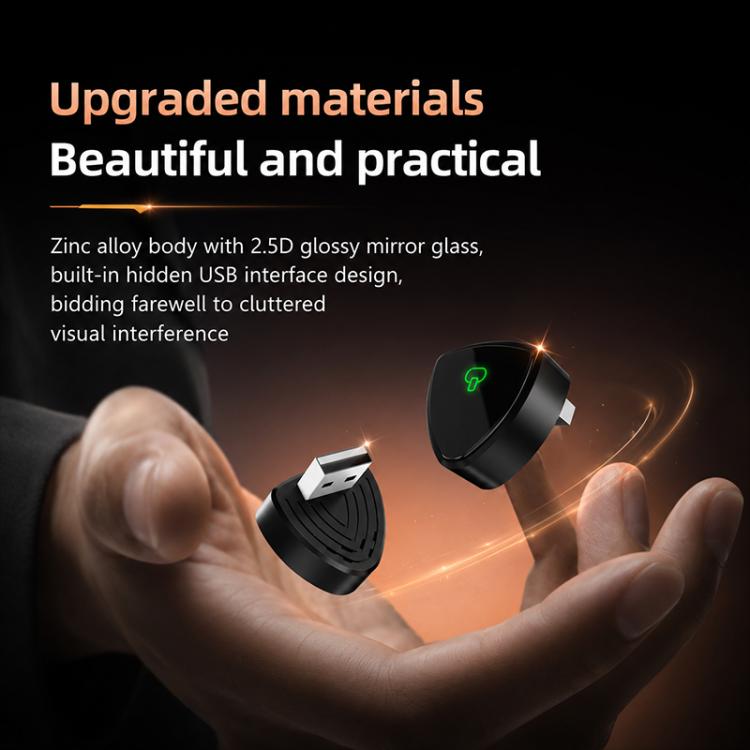 Black wireless car adapter with USB plug and green status LED icon