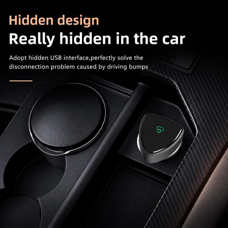 Hidden black wireless car adapter shown in car interior with green status LED
