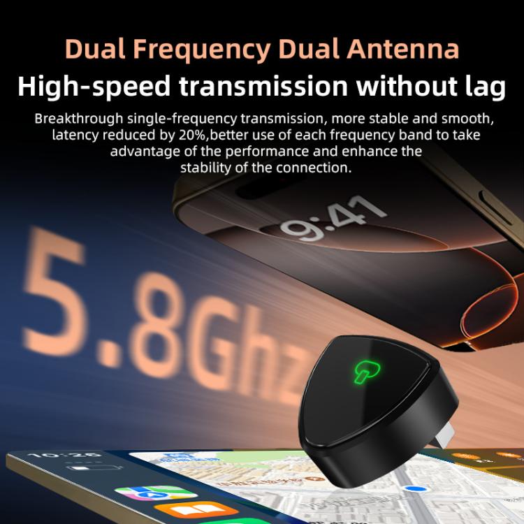 Black wireless car adapter dongle with green status LED near 5.8 GHz graphics
