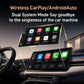 Wireless car adapter dongle near dual-display car screen with app icons