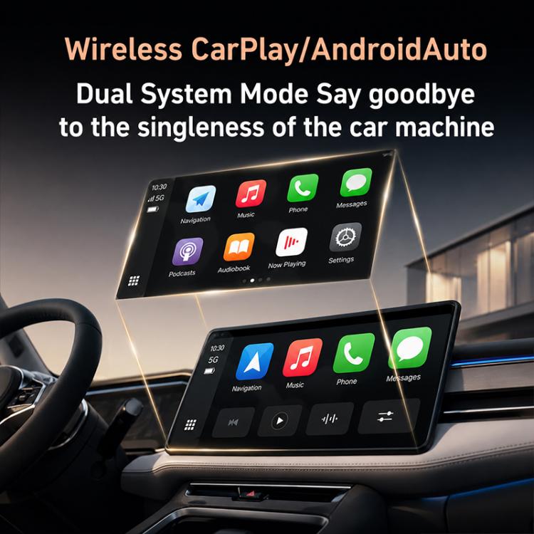 Wireless car adapter dongle near dual-display car screen with app icons