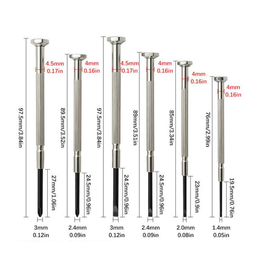 Precision screwdriver set with assorted shaft lengths and small tip sizes