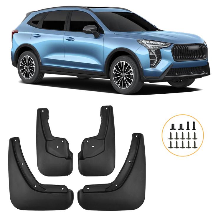 Car wheel splash flap set, four black rubber fender guards with mounting holes