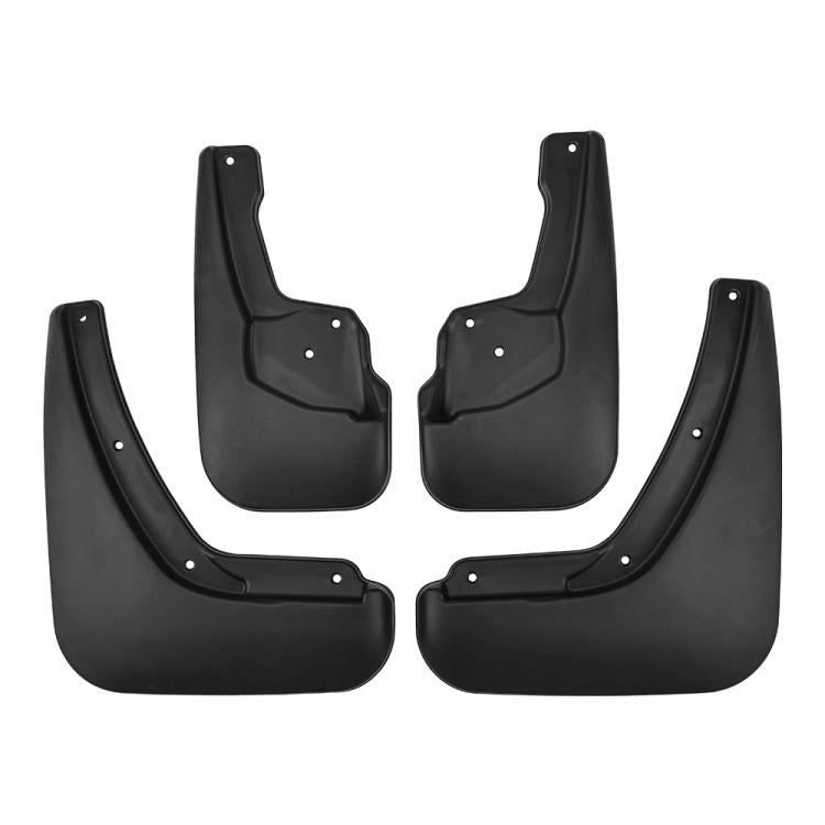 Four-piece black car mud flap set with curved splash guard edges and stud holes