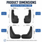 Set of four black car wheel splash mud flaps with fender guard cutouts (dimensions).