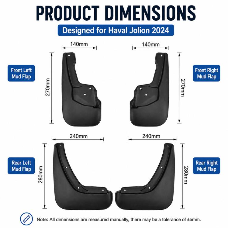 Set of four black car wheel splash mud flaps with fender guard cutouts (dimensions).