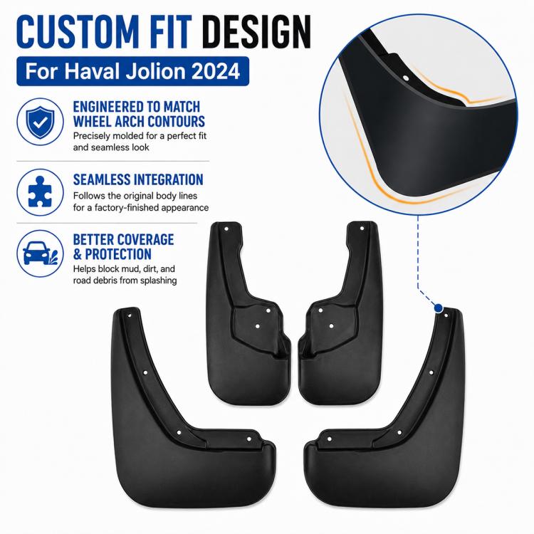Black front and rear mud flaps, four-piece set with pre-drilled mounting points