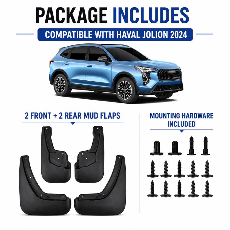 Black mud flap set with four guards and included mounting hardware screws and clips