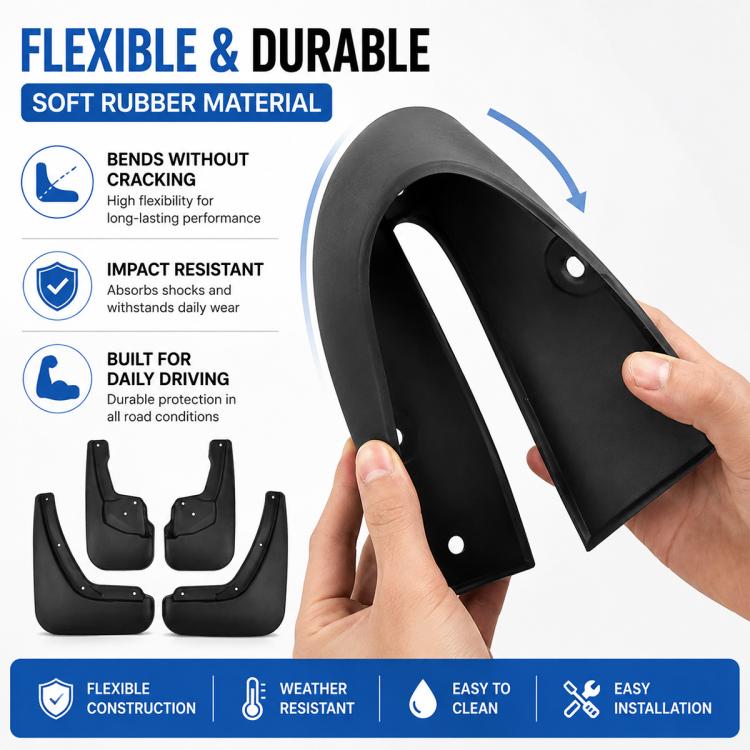 Flexible black rubber mud flap piece with finger grip edge and mounting hole