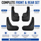 Complete front and rear black mud flaps, four-piece set with vehicle-specific shapes
